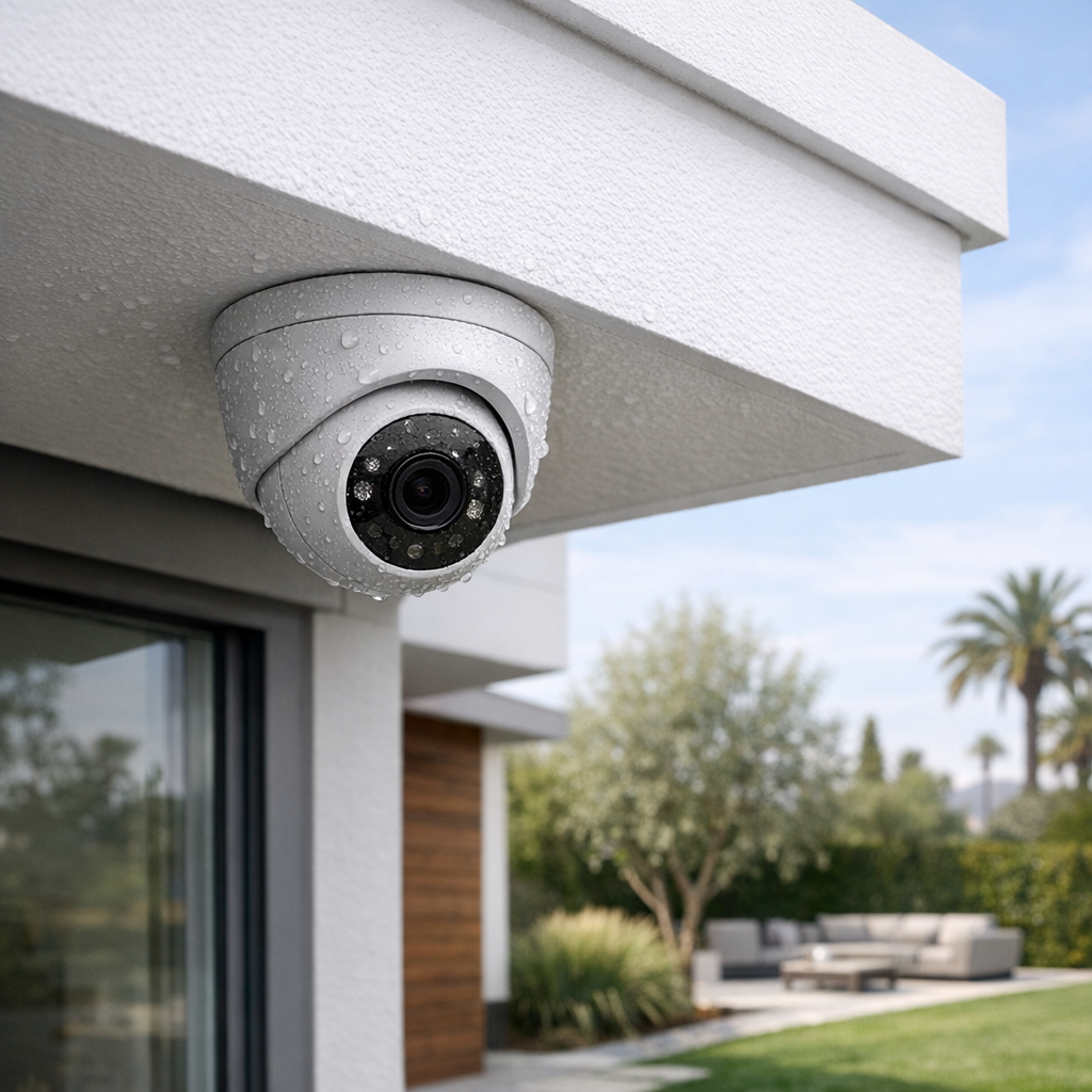 Modern home under-eave security camera with weatherproof design in upscale LA setting