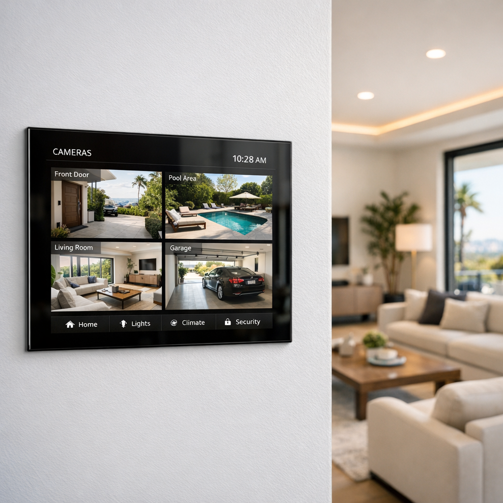 Smart home touch panel showing security camera feeds in a bright, modern upscale living room