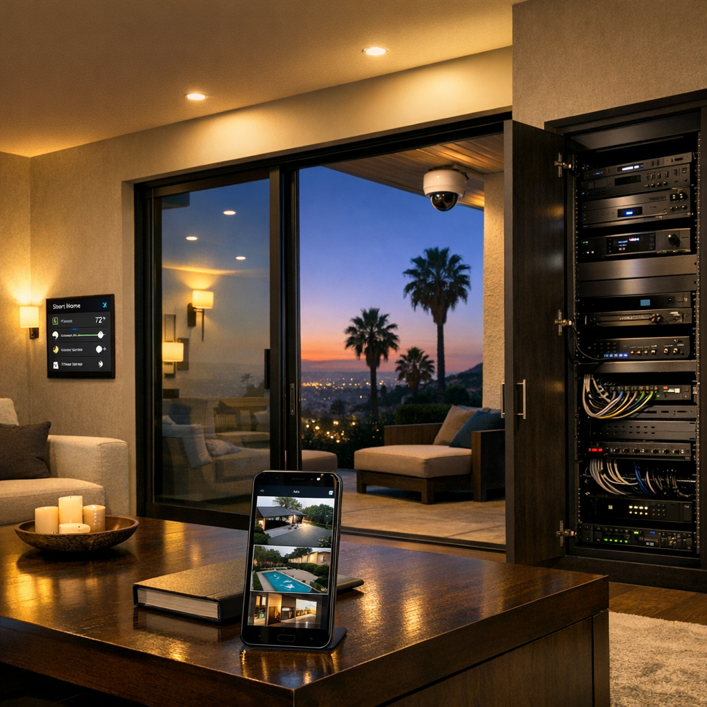 Modern living room with smart lighting, wall touch panel, mobile app security camera view, and home theater rack
