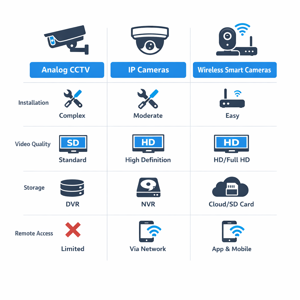 Infographic comparing analog CCTV, IP cameras, and wireless smart cameras across four features with icons.
