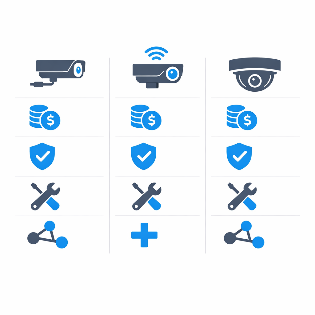 Infographic comparing wired, wireless, and IP camera systems by cost, reliability, installation, expandability.