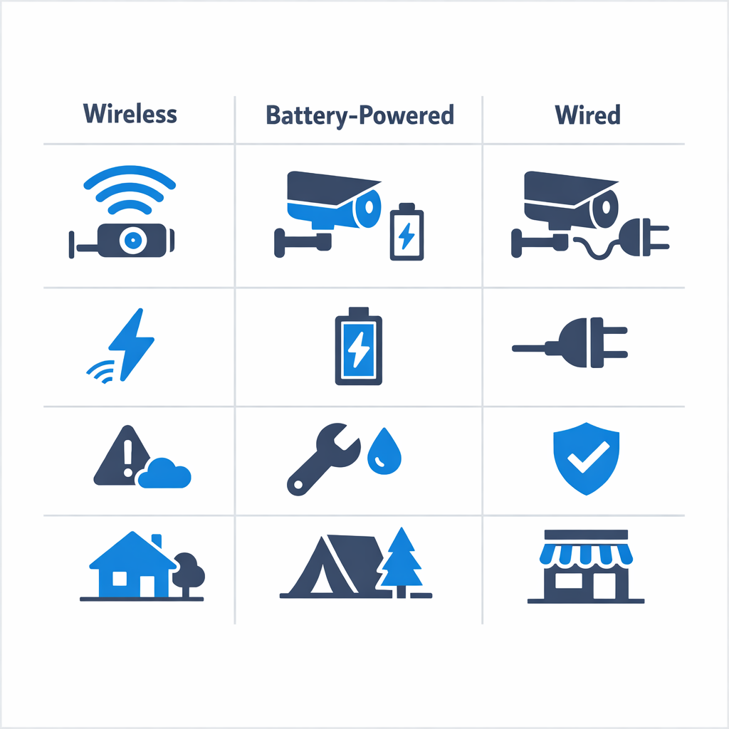 Infographic comparing wireless, battery-powered, and wired smart camera systems with icons for features.
