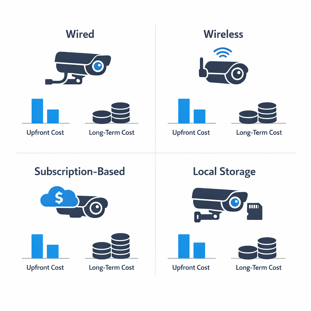 Infographic comparing upfront and long-term costs for four camera types: wired, wireless, subscription, local-storage.