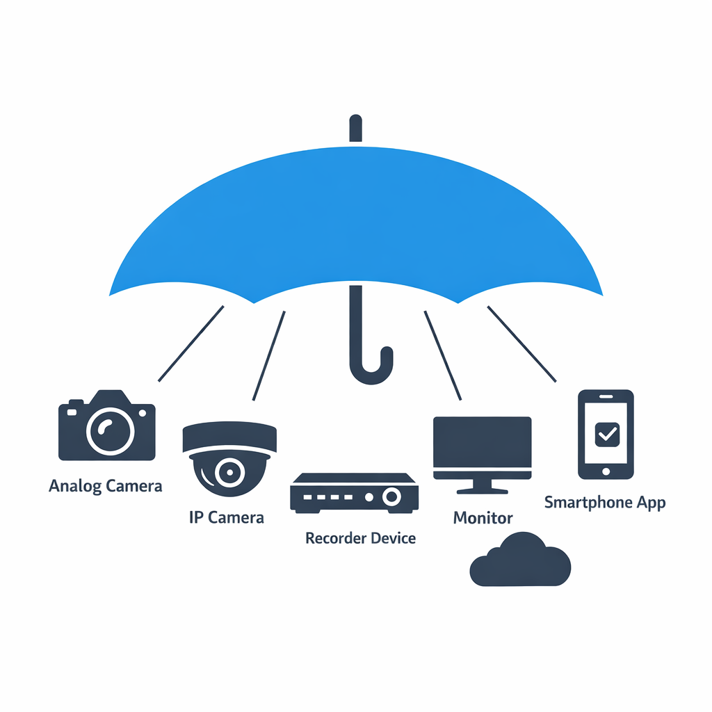 Infographic showing CCTV as an umbrella covering cameras, recorders, monitors, apps, and cloud access.