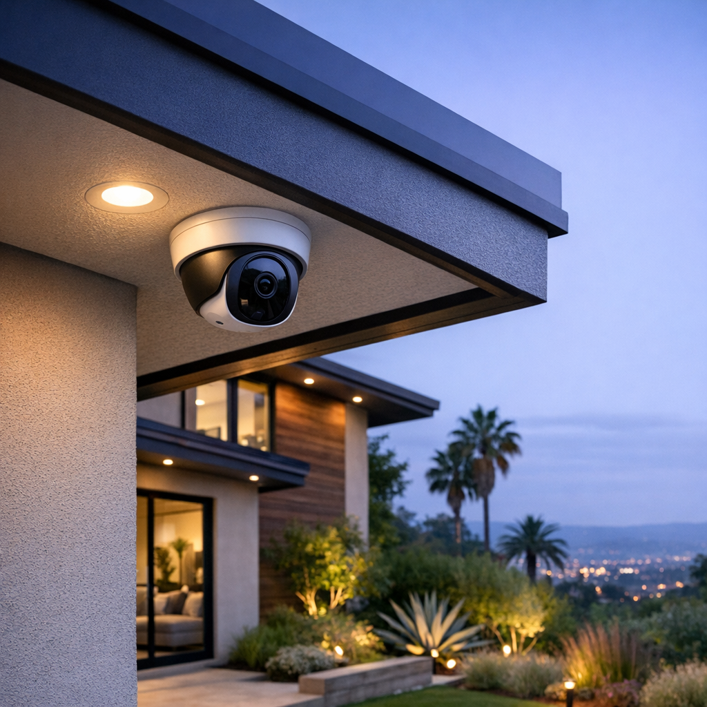 Modern under-eave security camera on contemporary upscale home exterior, emphasizing discreet smart security