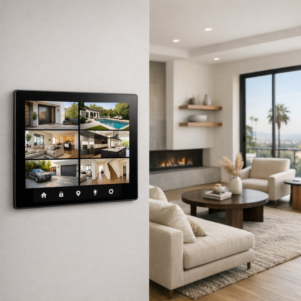 modern living room with wall-mounted touch panel showing security camera feeds