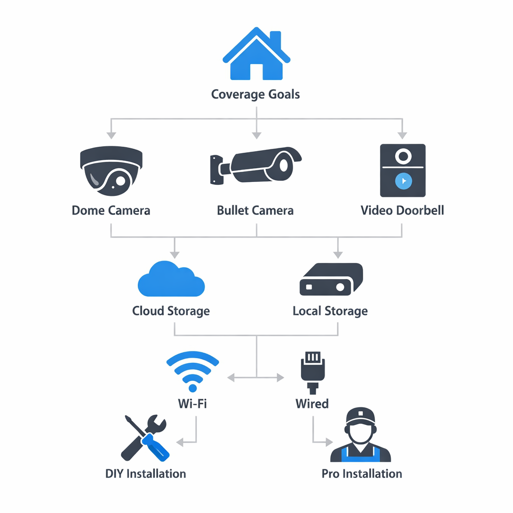 Infographic showing the decision flow for choosing a home security camera system.