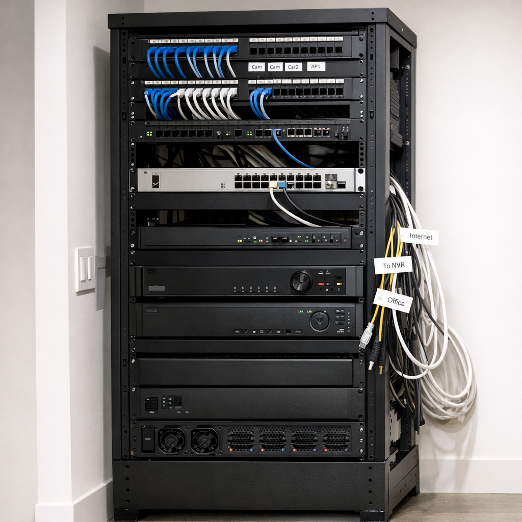 Partially wired home technology rack with organized security and networking components in modern upscale residence