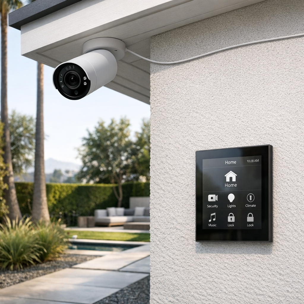Modern under-eave security camera installed on upscale LA home with smart home system integration