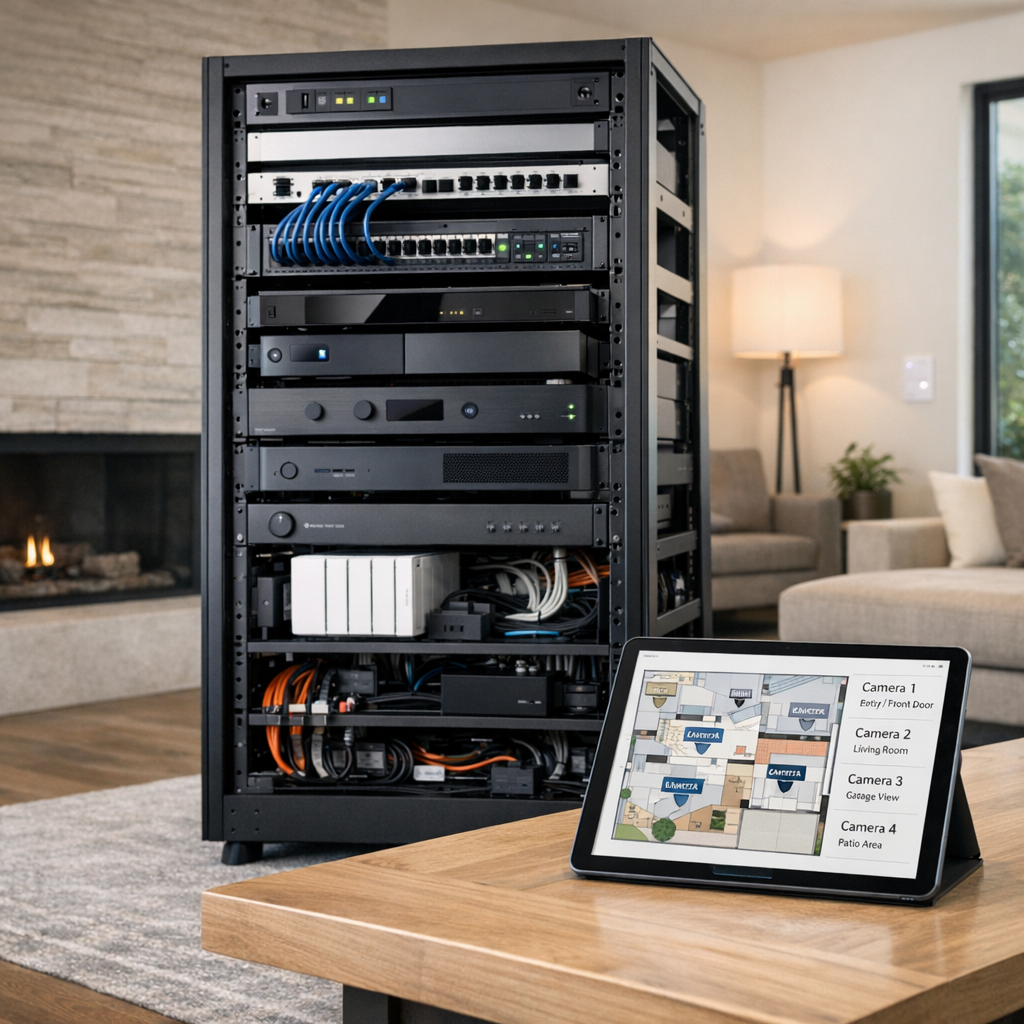 partially wired home technology rack and tablet with camera placement plans in modern upscale living room