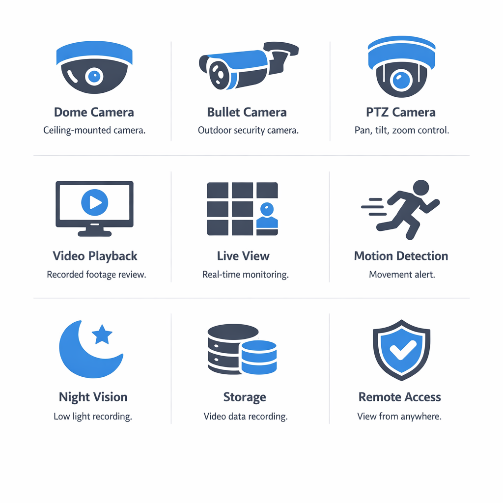 Icon grid infographic of CCTV and security camera glossary terms with simple icons and definitions.