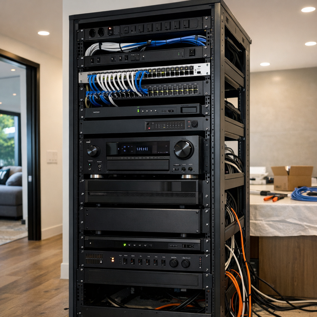 partially wired home technology rack in modern upscale LA residence