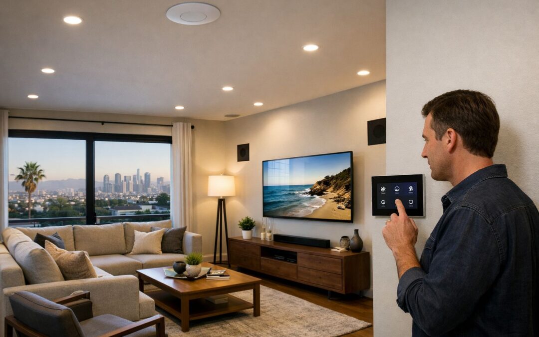 Modern LA living room with integrated WiFi access point, smart lighting, in-wall speakers, and homeowner using control panel