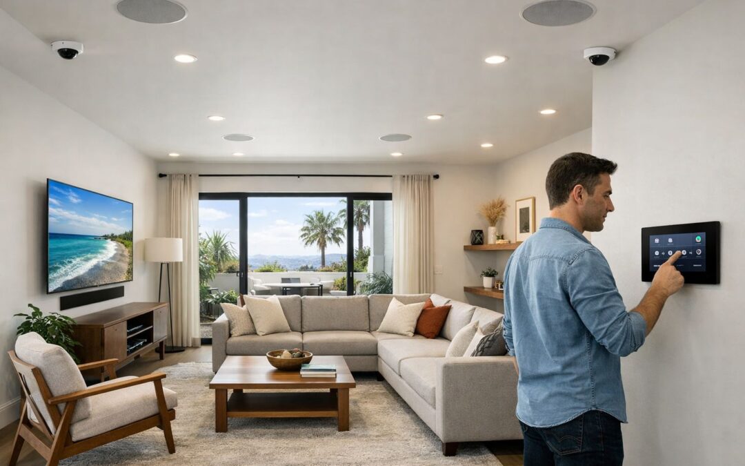 Modern LA living room with installed smart security cameras, integrated speakers, smart lighting, and a homeowner using a
