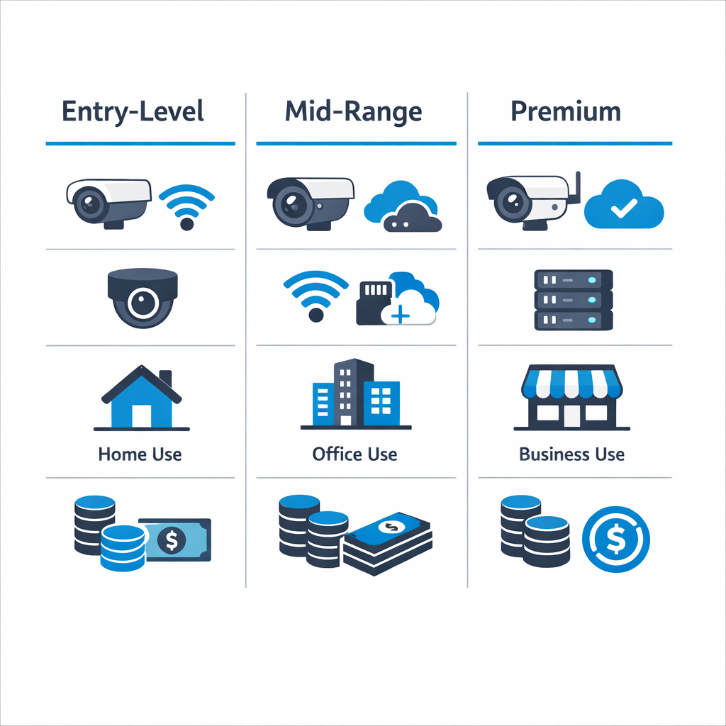 Infographic comparing entry, mid, and premium smart camera setups by features, use, and costs.