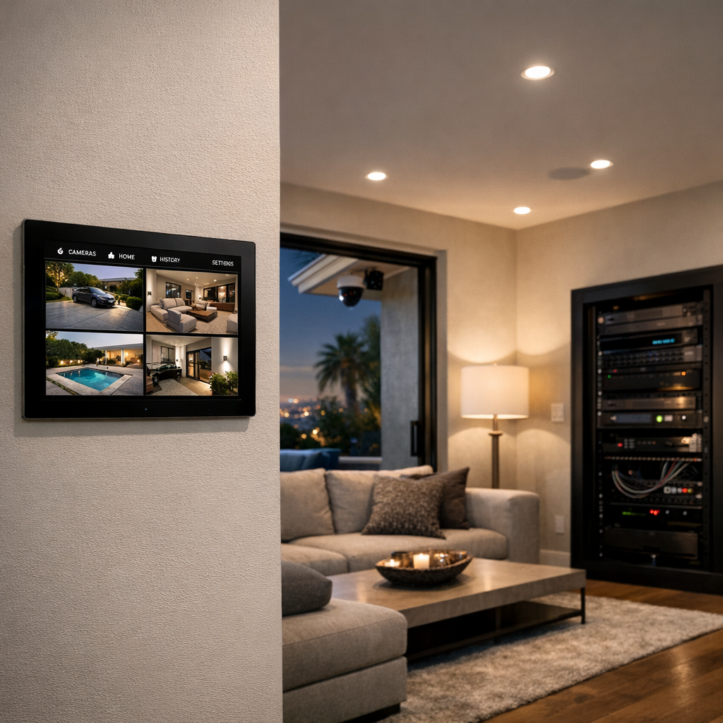 Modern living room with wall-mounted touch panel showing security camera feeds and smart lighting controls