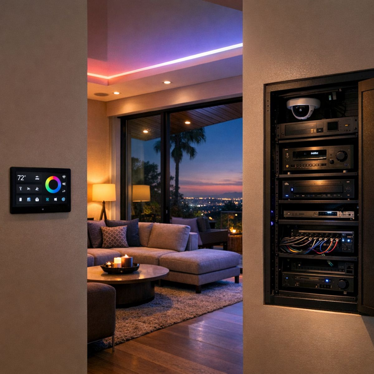 Upscale LA living room with smart lighting, touch panel, security camera, and home theater rack