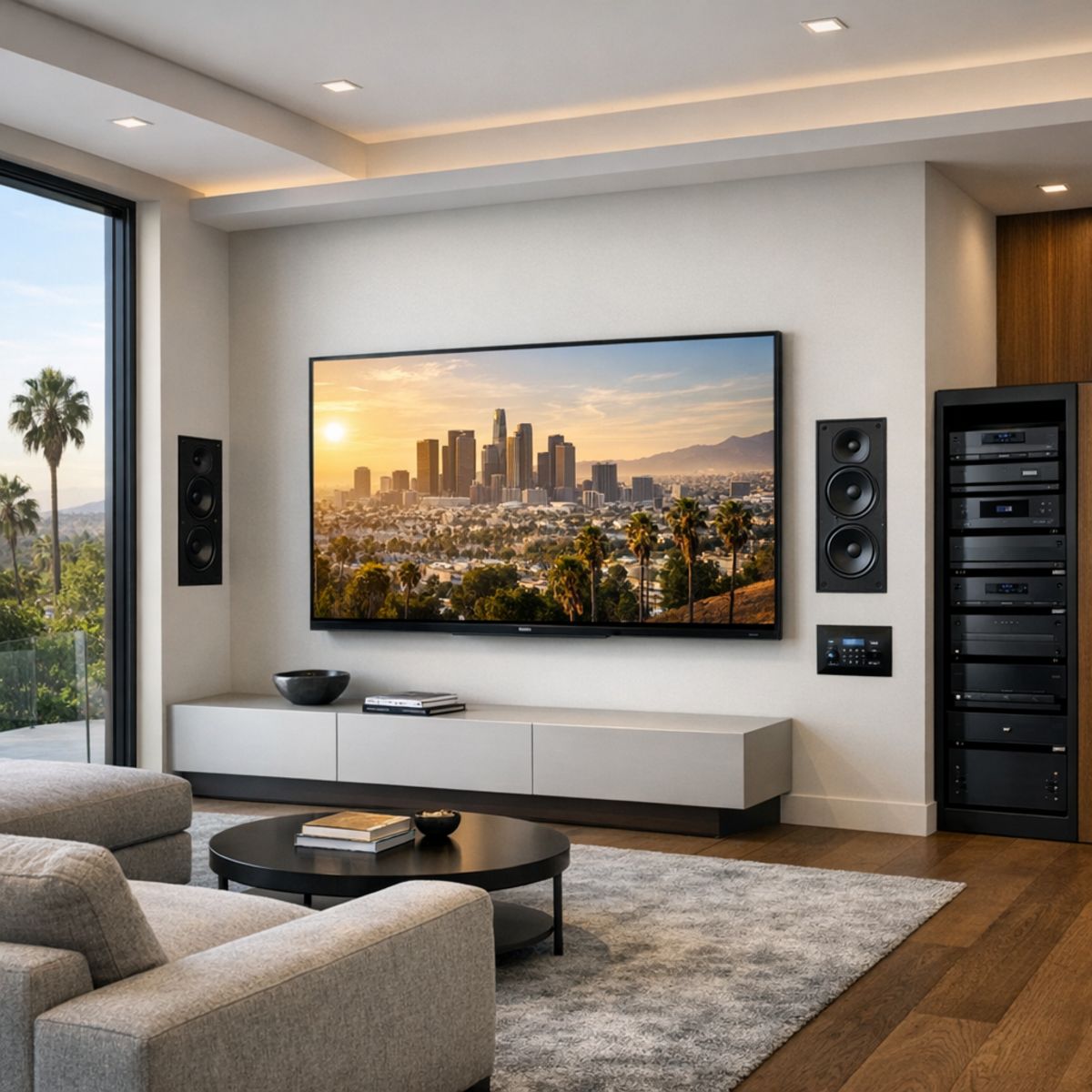 modern Los Angeles media room with in-wall speakers, integrated AV rack, and wall-mounted touch control panel