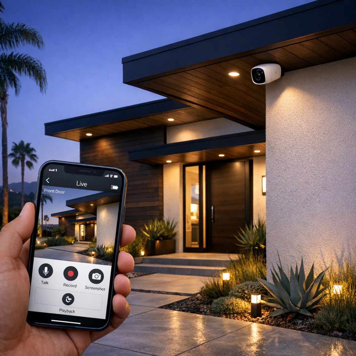 Modern Los Angeles home exterior with under-eave security camera and smartphone monitoring interface