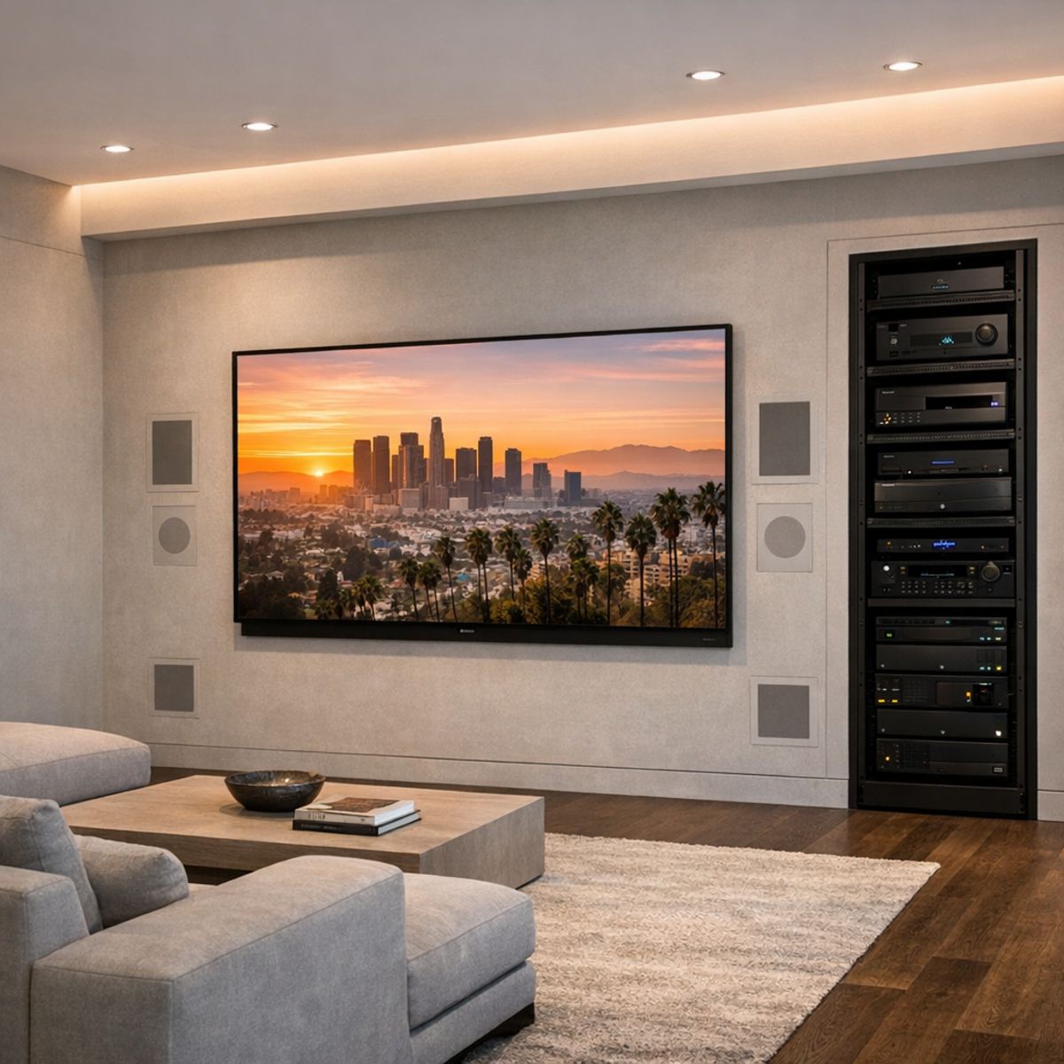 Modern LA media room with integrated speakers, concealed wiring, and organized equipment rack in a clean, upscale home