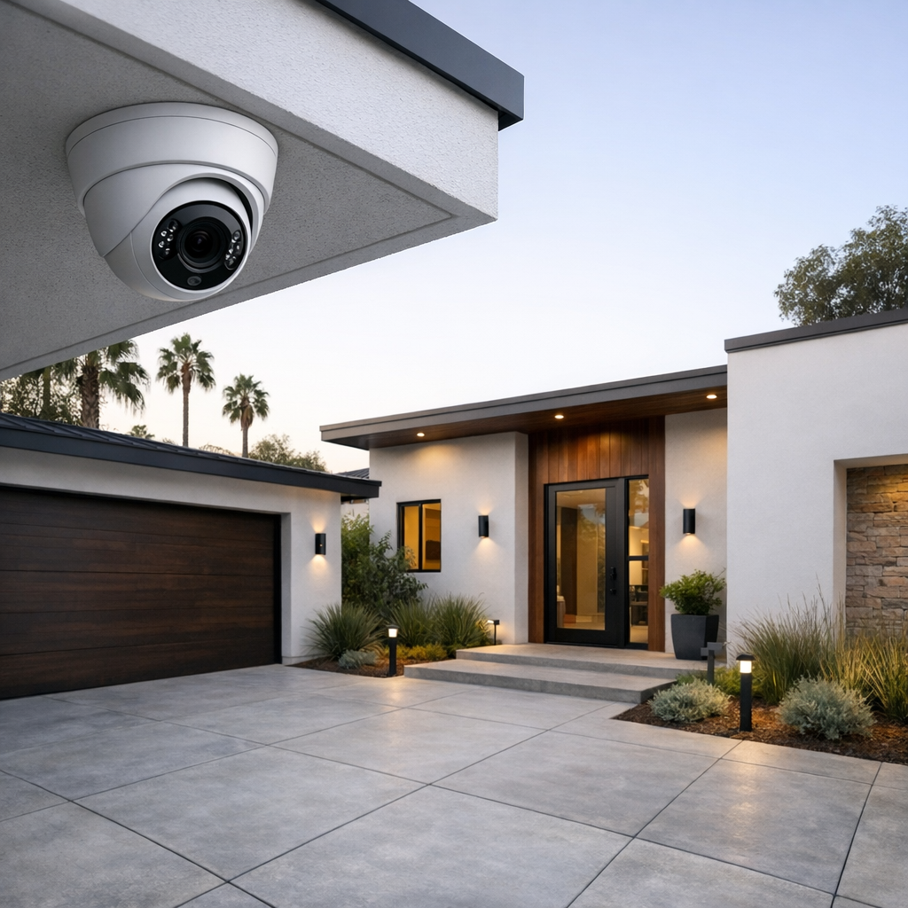 Modern LA home with under-eave security camera covering driveway and entryway