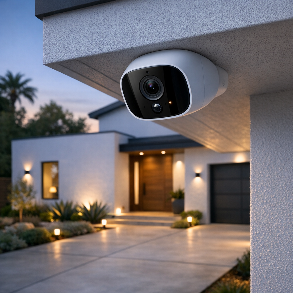 under-eave outdoor smart camera on modern Los Angeles home overlooking driveway and entry