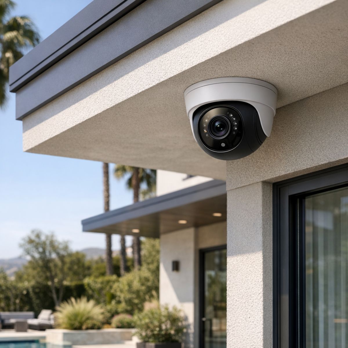 Modern under-eave security camera discreetly installed on upscale contemporary home exterior