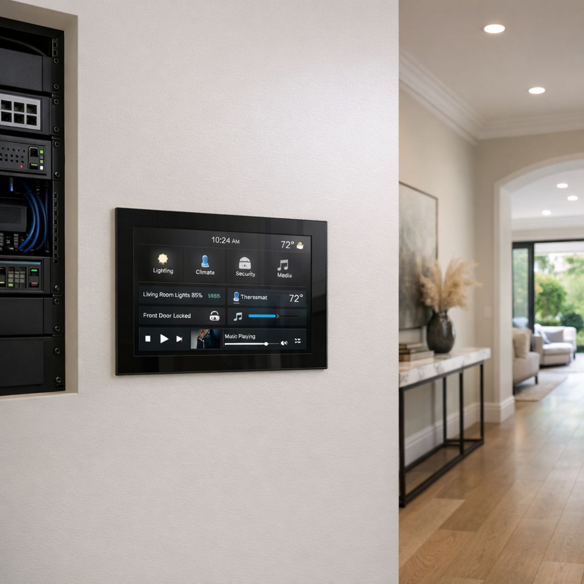 Modern wall-mounted touch panel in upscale home with organized networking area