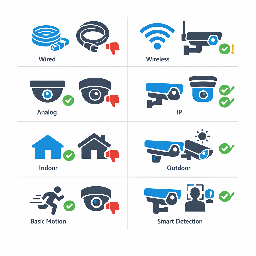 Infographic comparing wired vs wireless, analog vs IP, indoor vs outdoor, and basic vs smart detection features with icons.