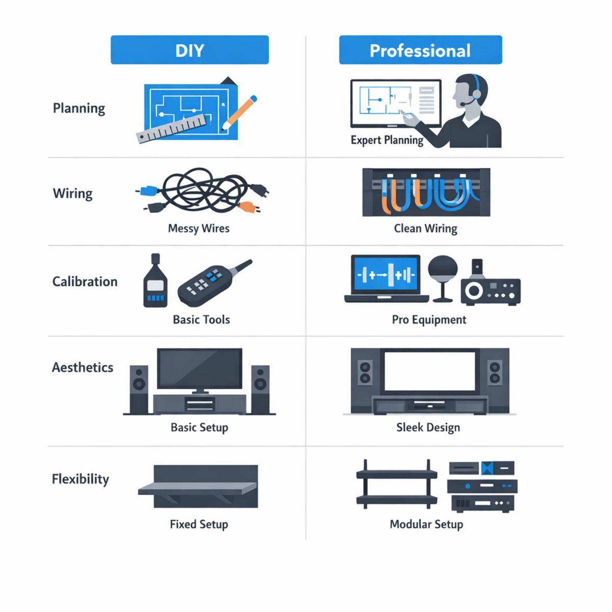 Infographic comparing DIY and professional home theater setup across five key aspects.