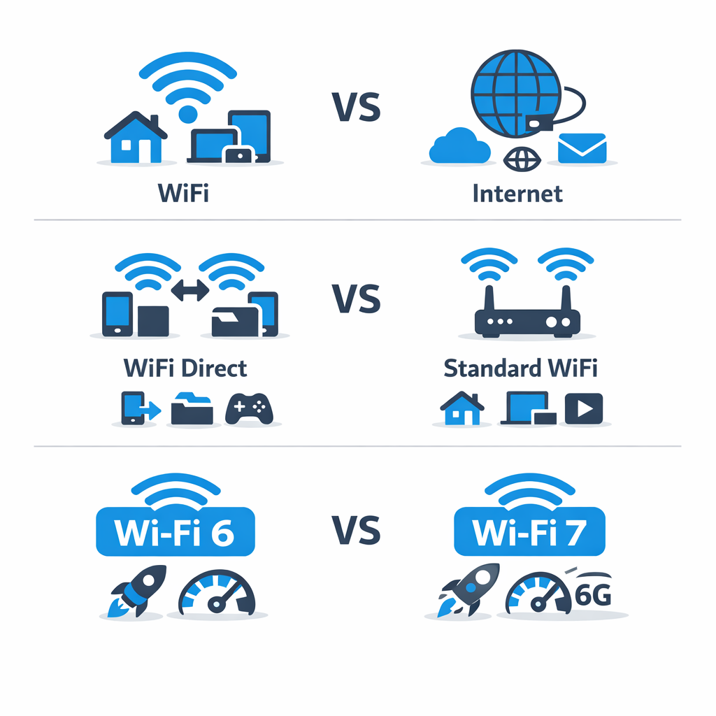 Infographic comparing WiFi vs internet, WiFi Direct vs standard WiFi, and WiFi 6 vs WiFi 7 with use case icons.