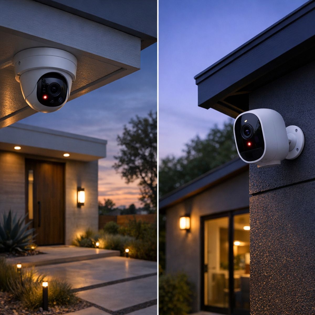 Hardwired and battery-powered security cameras on modern LA home and detached structure at dusk
