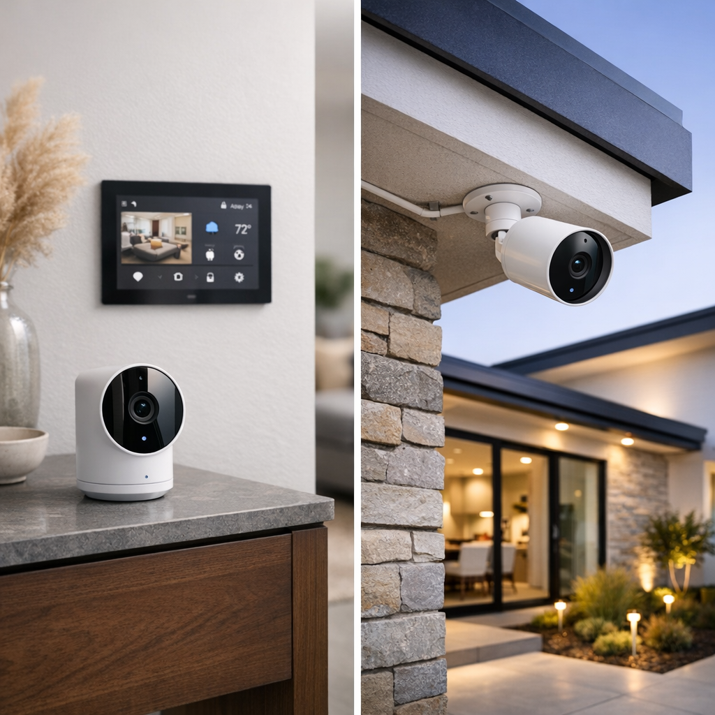 Split-scene of sleek indoor app-connected camera and wired exterior security camera in upscale modern home