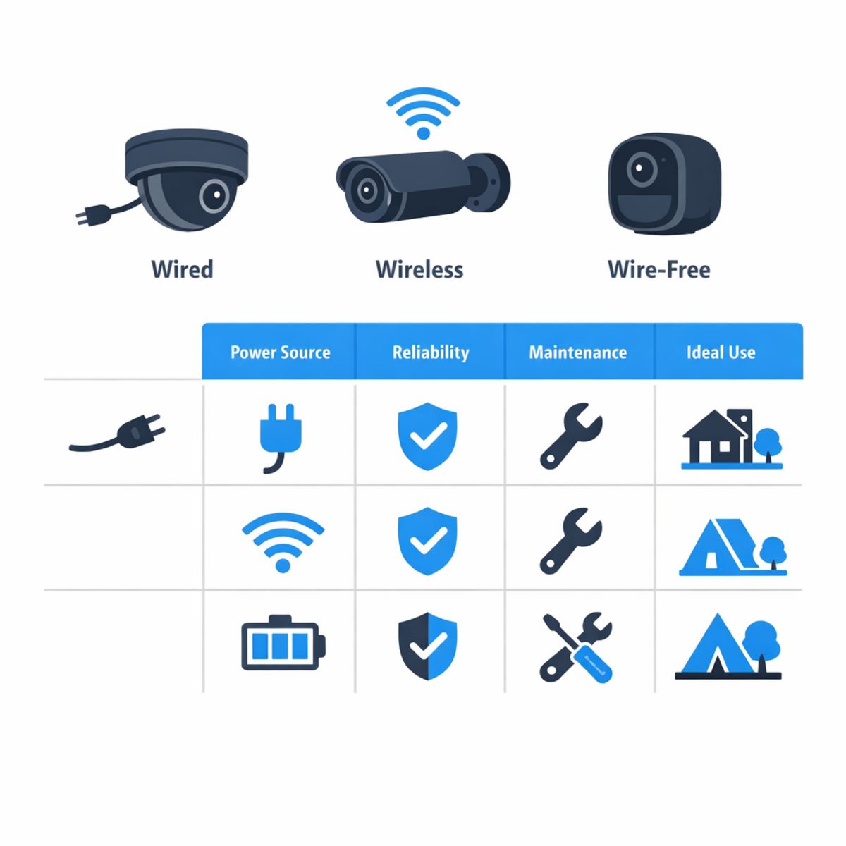 Infographic comparing wired, wireless, and wire-free cameras by power, reliability, maintenance, and use cases.