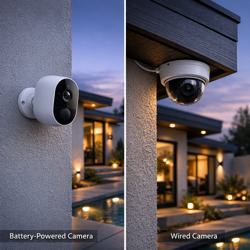 Battery-powered and wired security cameras mounted on modern LA home exterior at dusk