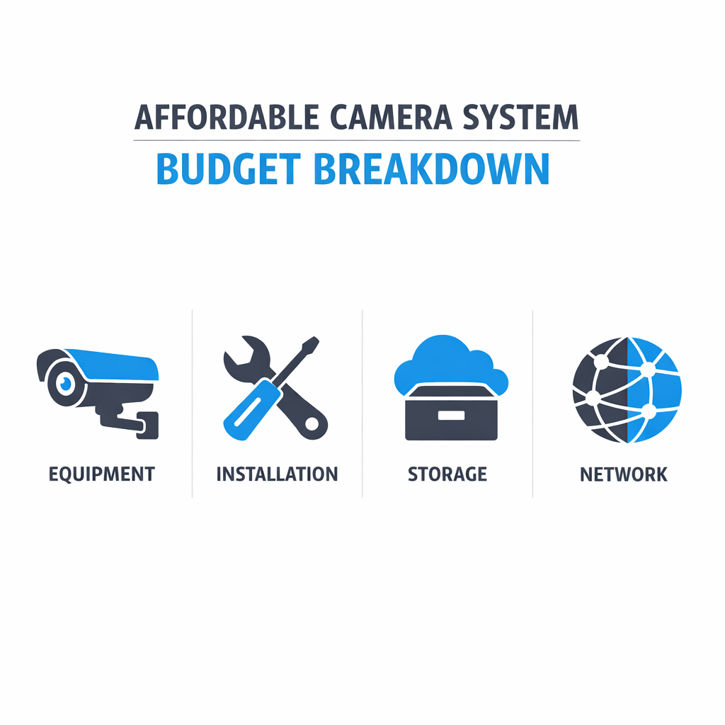 Infographic showing budget breakdown for camera system costs: equipment, installation, storage, network.
