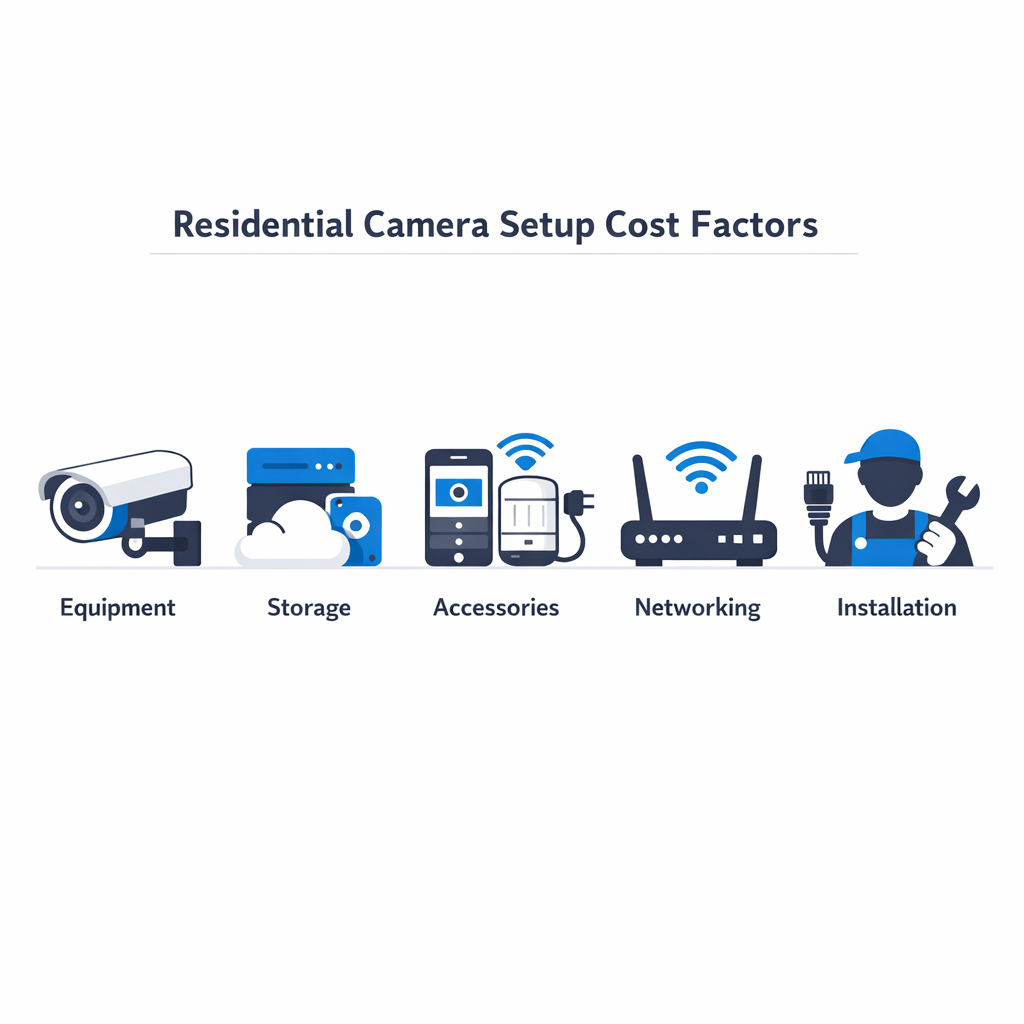 Infographic comparing key cost factors for a home camera setup: equipment, storage, accessories, networking, installation.