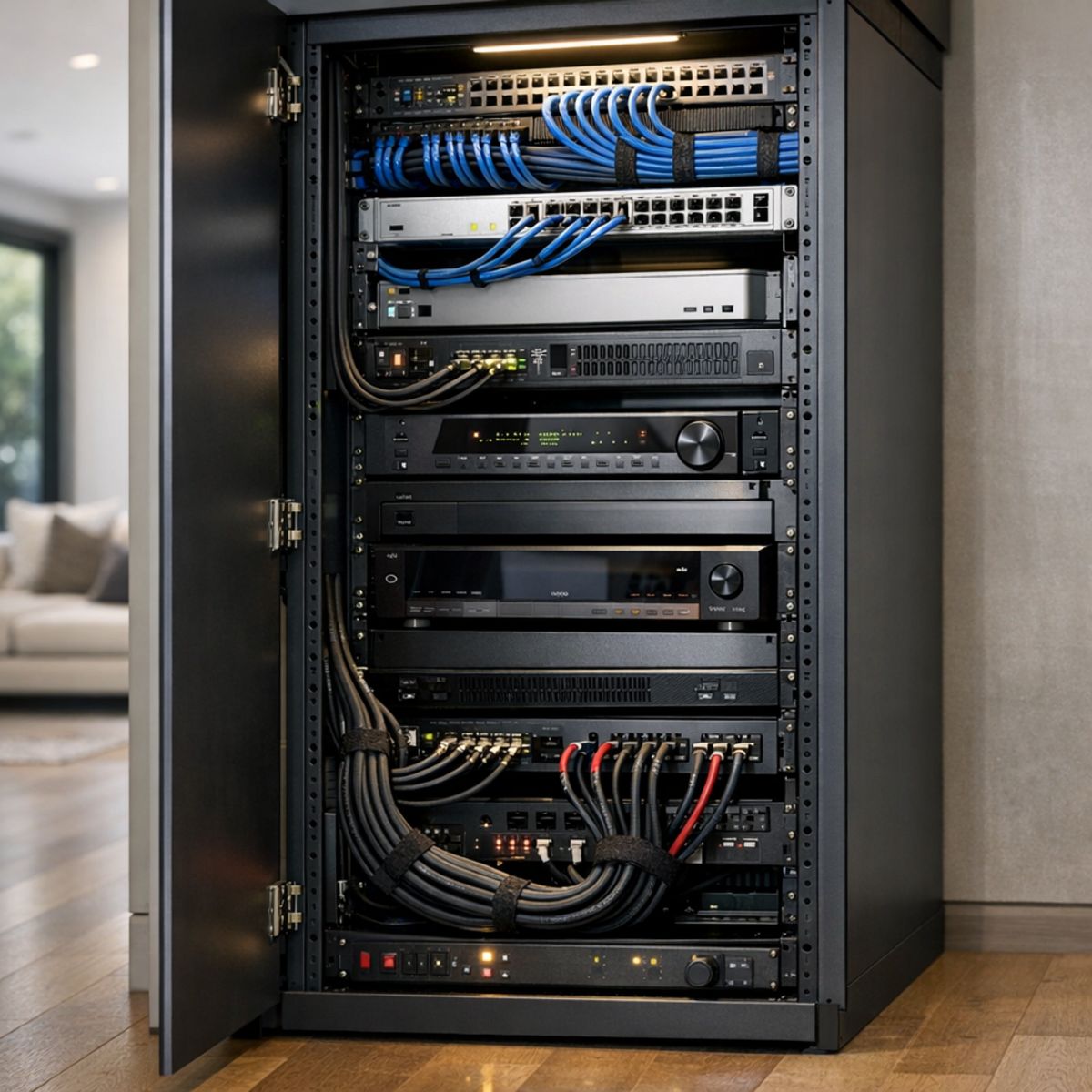 Partially wired equipment rack with networking hardware in upscale modern LA home