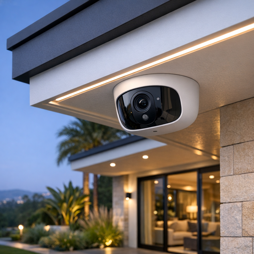 Modern under-eave smart security camera on upscale Los Angeles home exterior