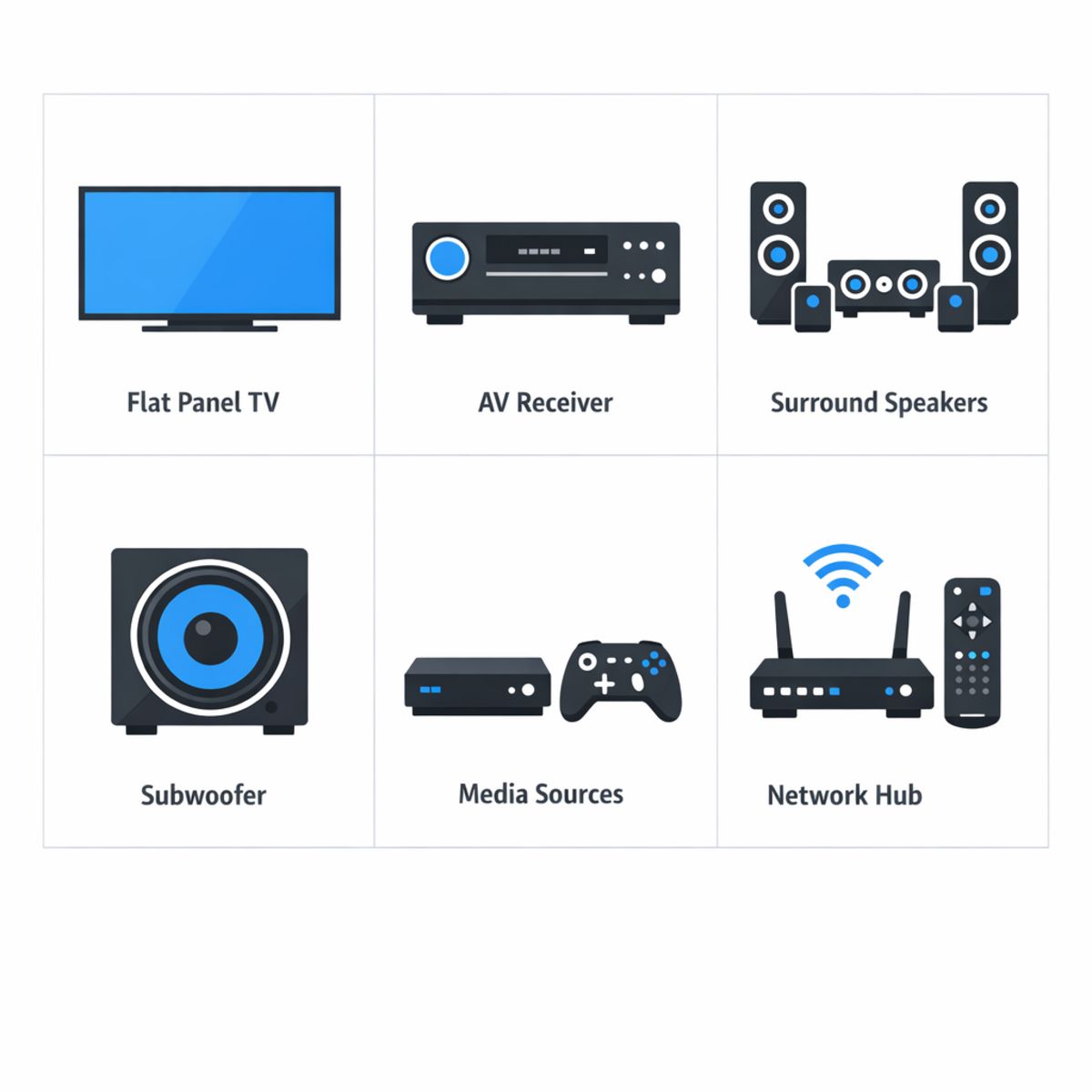 Infographic icon grid of modern home theater system components in a clean home layout.