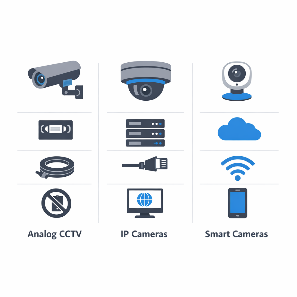 Infographic comparing analog CCTV, IP, and smart security cameras by storage, connectivity, and remote access.