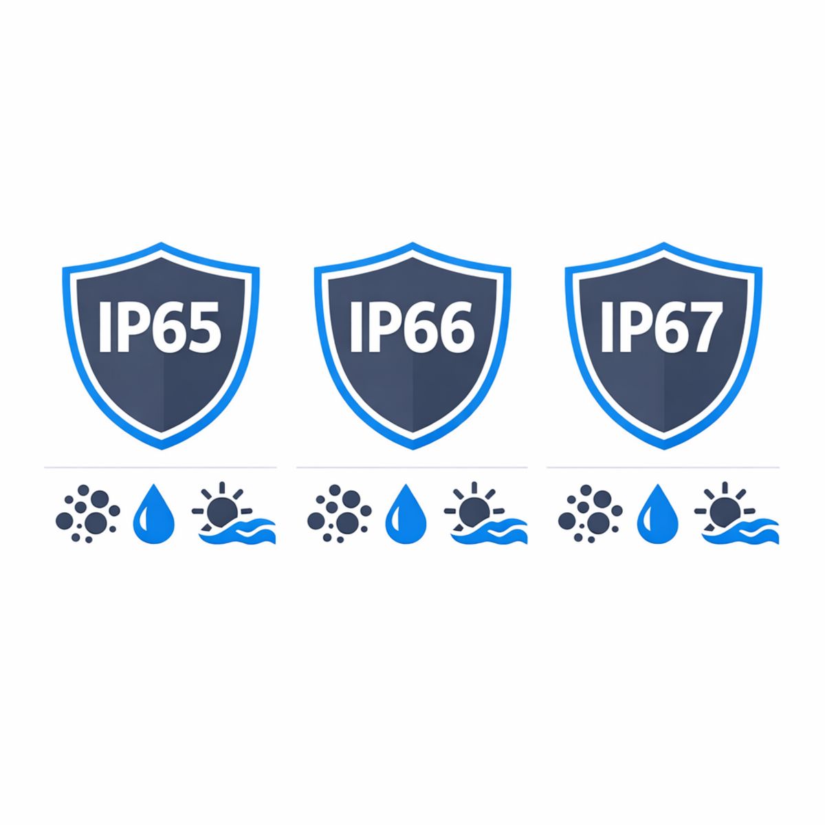 Infographic comparing IP65, IP66, and IP67 with icons for dust, rain, heat, and coastal moisture.