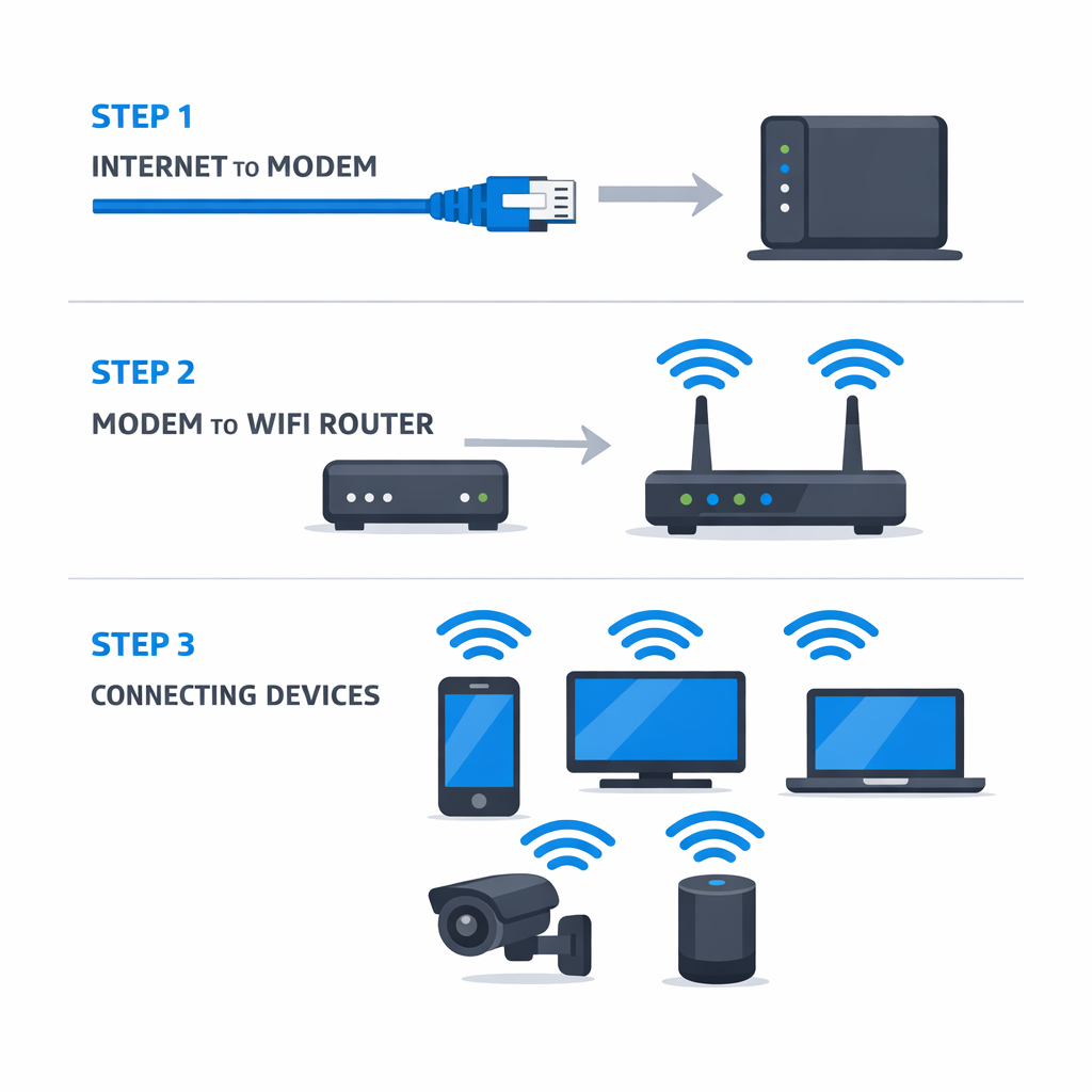 Infographic showing internet to modem, WiFi router, and connected smart devices.