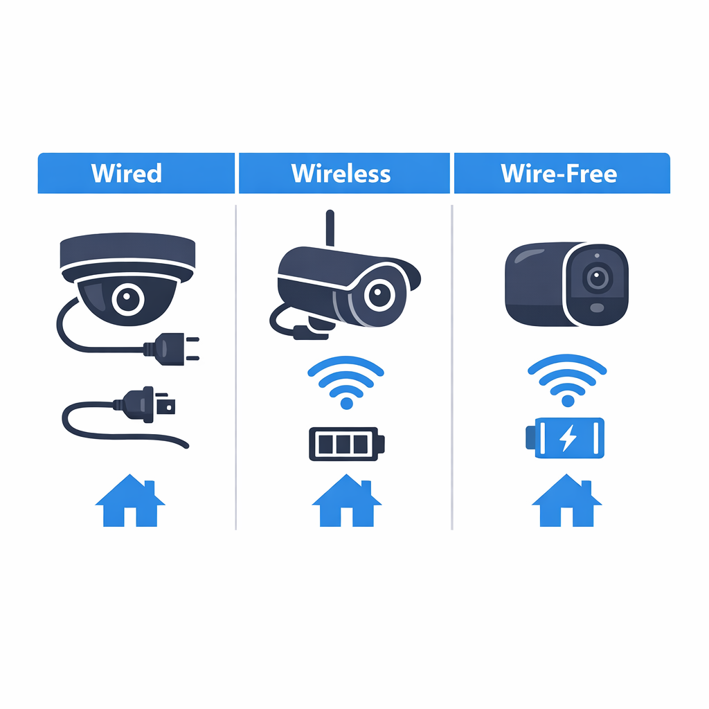 Infographic comparing wired, wireless, and wire-free camera setups for home use.