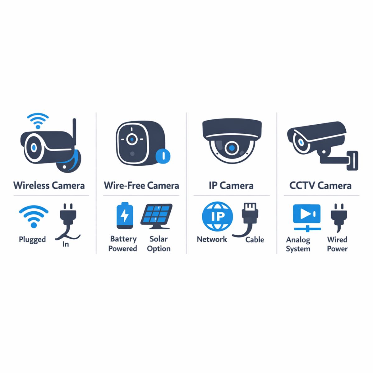 Infographic comparing four types of home security cameras with simple icons.