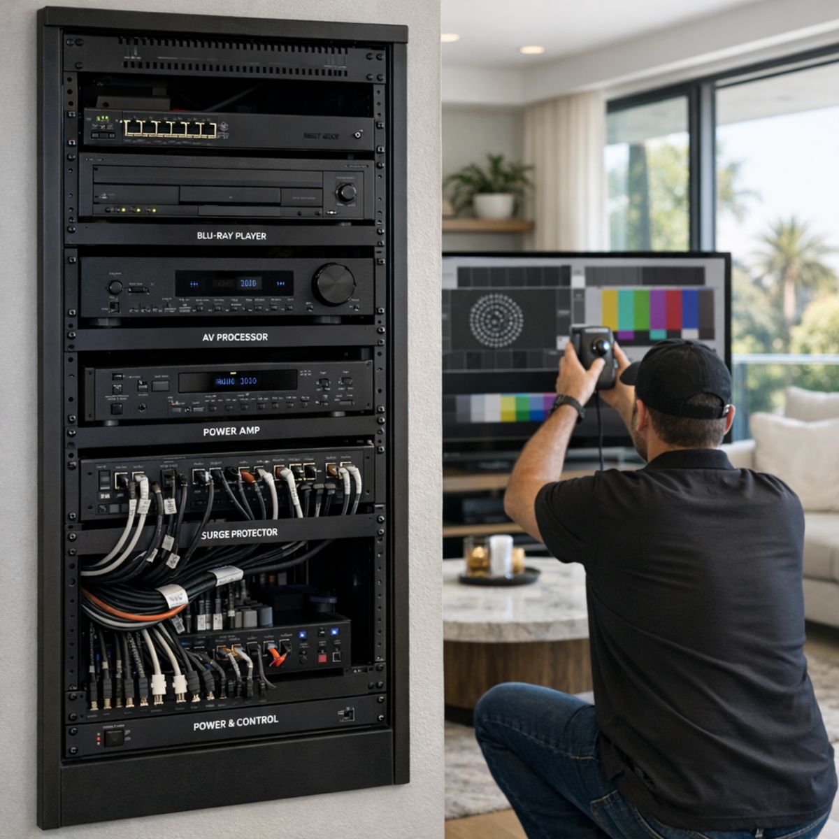 partially wired home theater rack with technician calibrating system in upscale Los Angeles home