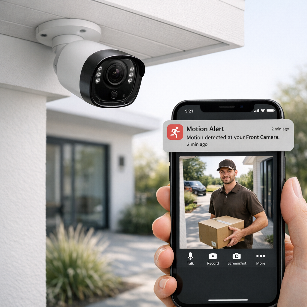 Modern security camera under eave with smartphone app showing live view and motion alert in upscale home setting