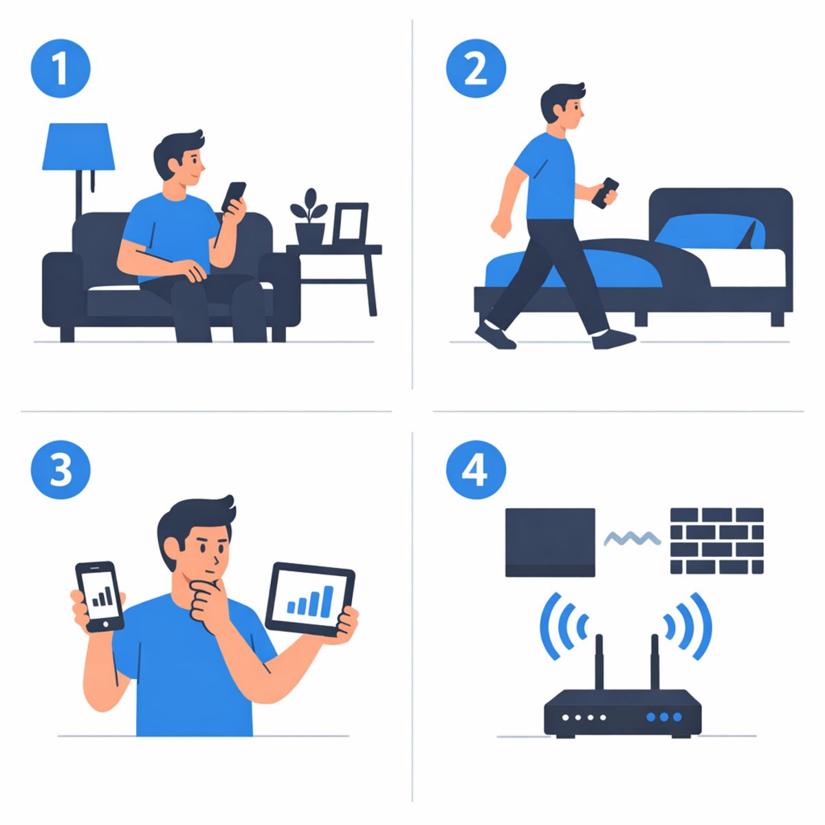 Infographic showing steps to test WiFi in different rooms and compare signal strength.
