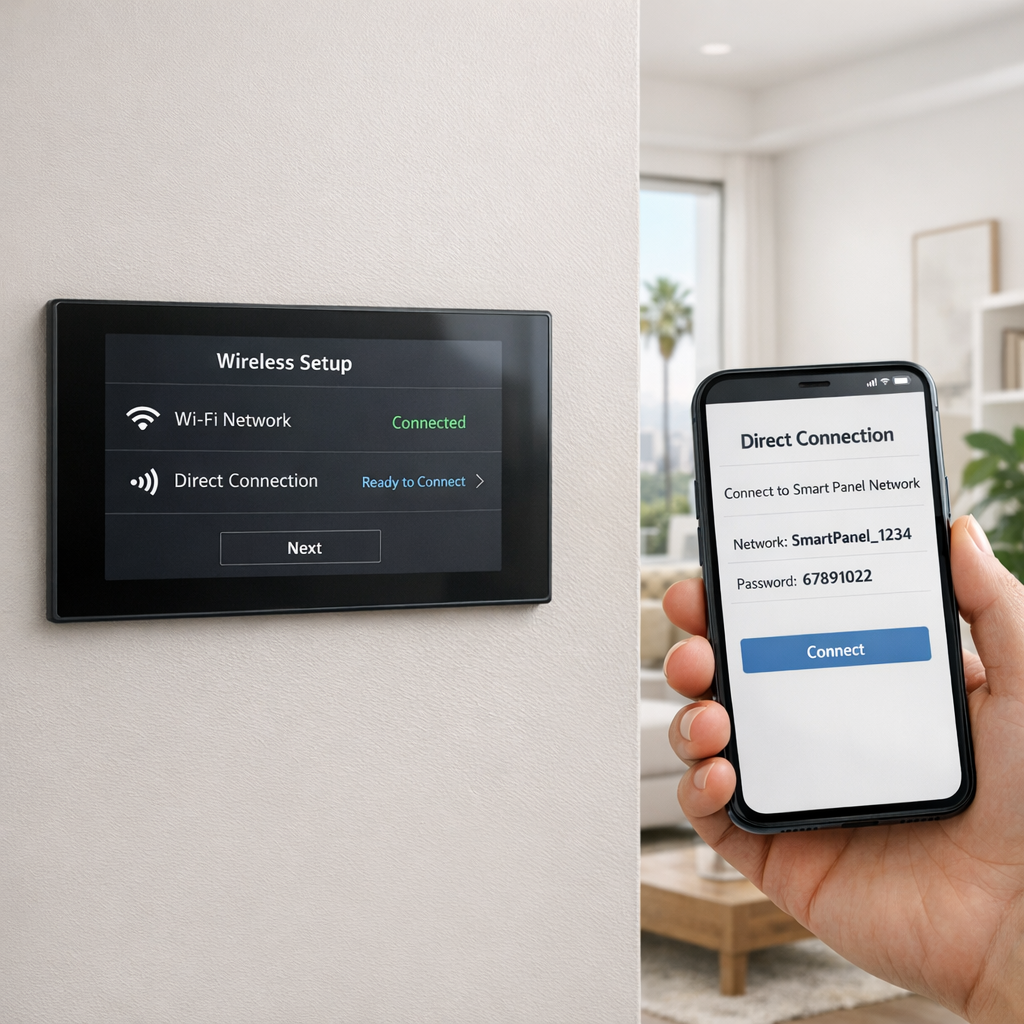 Wall-mounted smart home touch panel and smartphone connecting wirelessly in upscale living room
