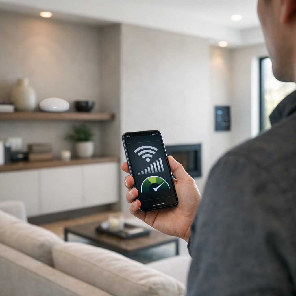 Modern living room with person testing WiFi signal on smartphone, discreet router visible in background